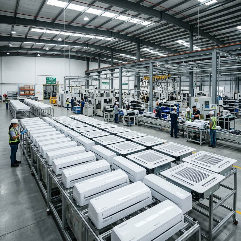 iClima modern manufacturing factory floor with split and commercial air conditioner units