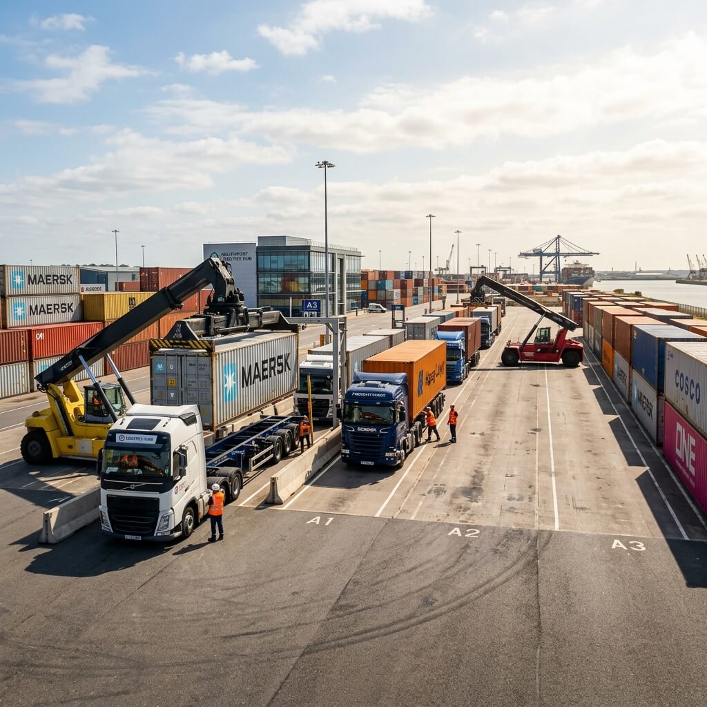 Cargo logistics yard representing global shipments