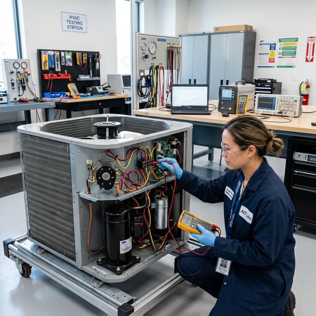 iClima quality control engineer testing air conditioner electronics